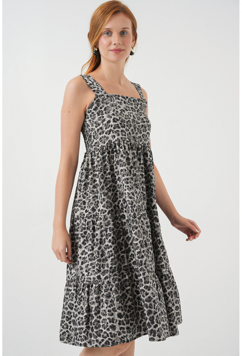 Kadın Desenli Askılı Midi Elbise 2577