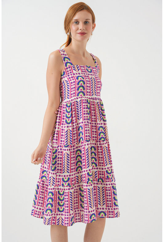 Kadın Desenli Askılı Midi Elbise 2577