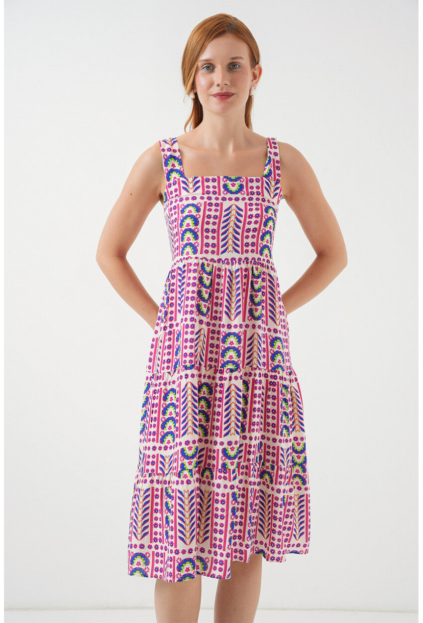 Kadın Desenli Askılı Midi Elbise 2577