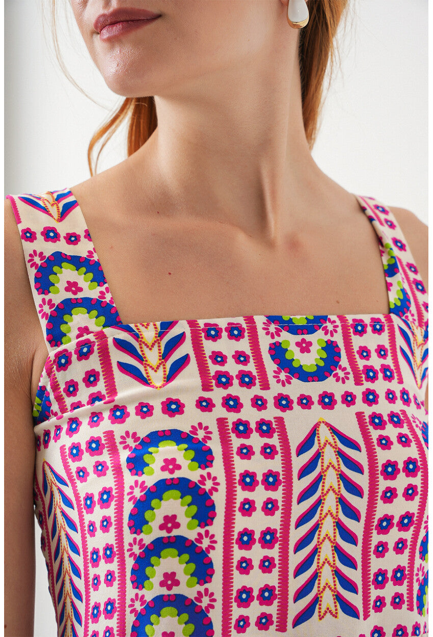 Kadın Desenli Askılı Midi Elbise 2577