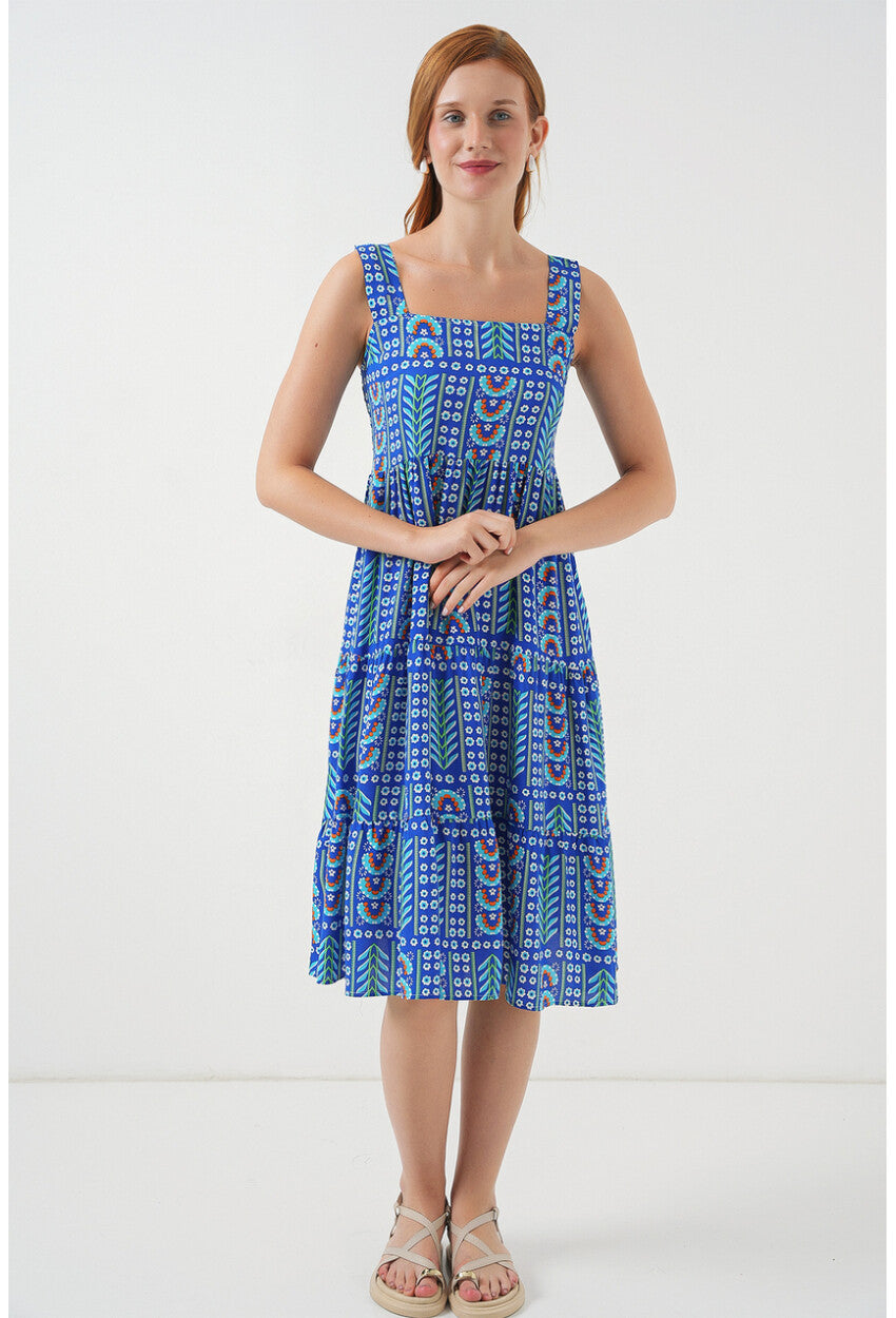 Kadın Desenli Askılı Midi Elbise 2577