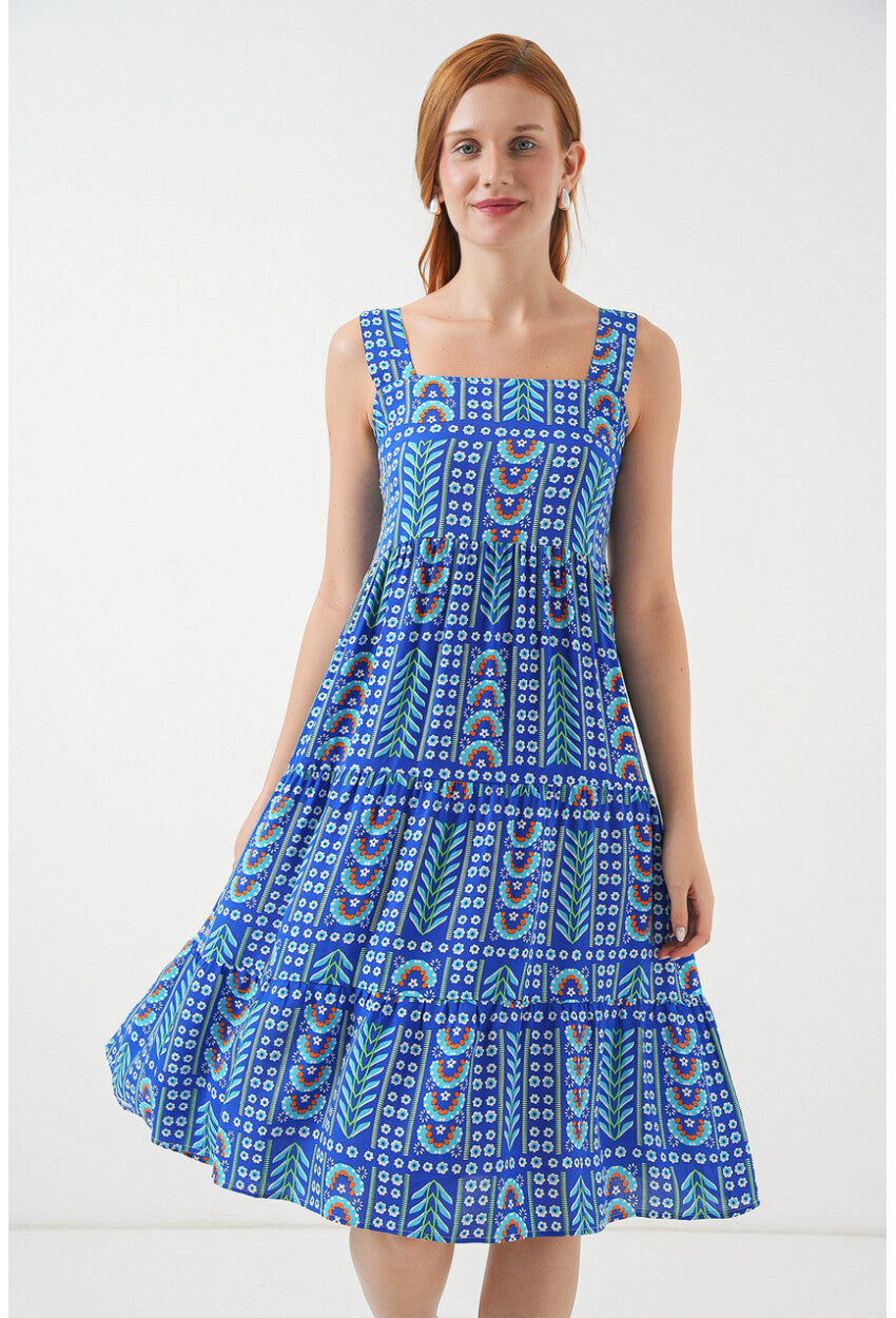 Kadın Desenli Askılı Midi Elbise 2577