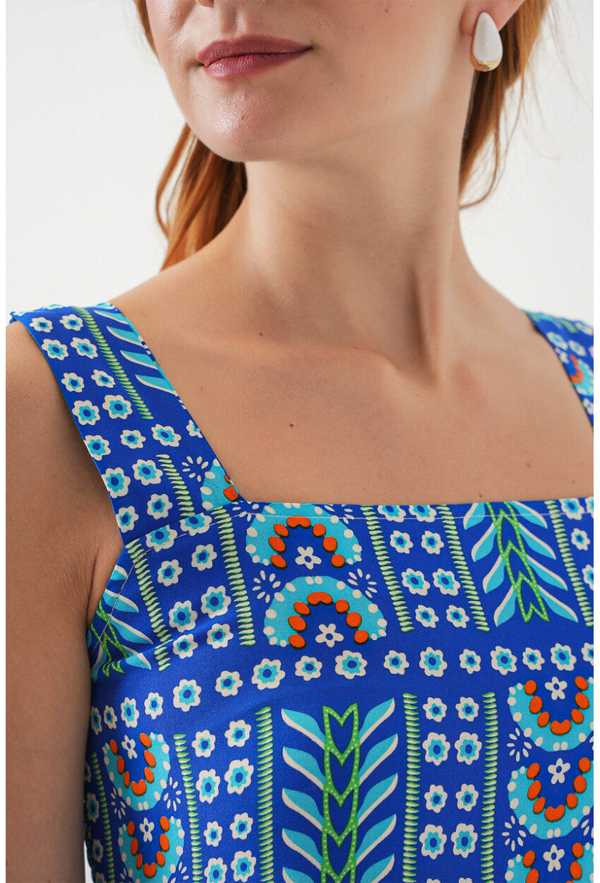 Kadın Desenli Askılı Midi Elbise 2577