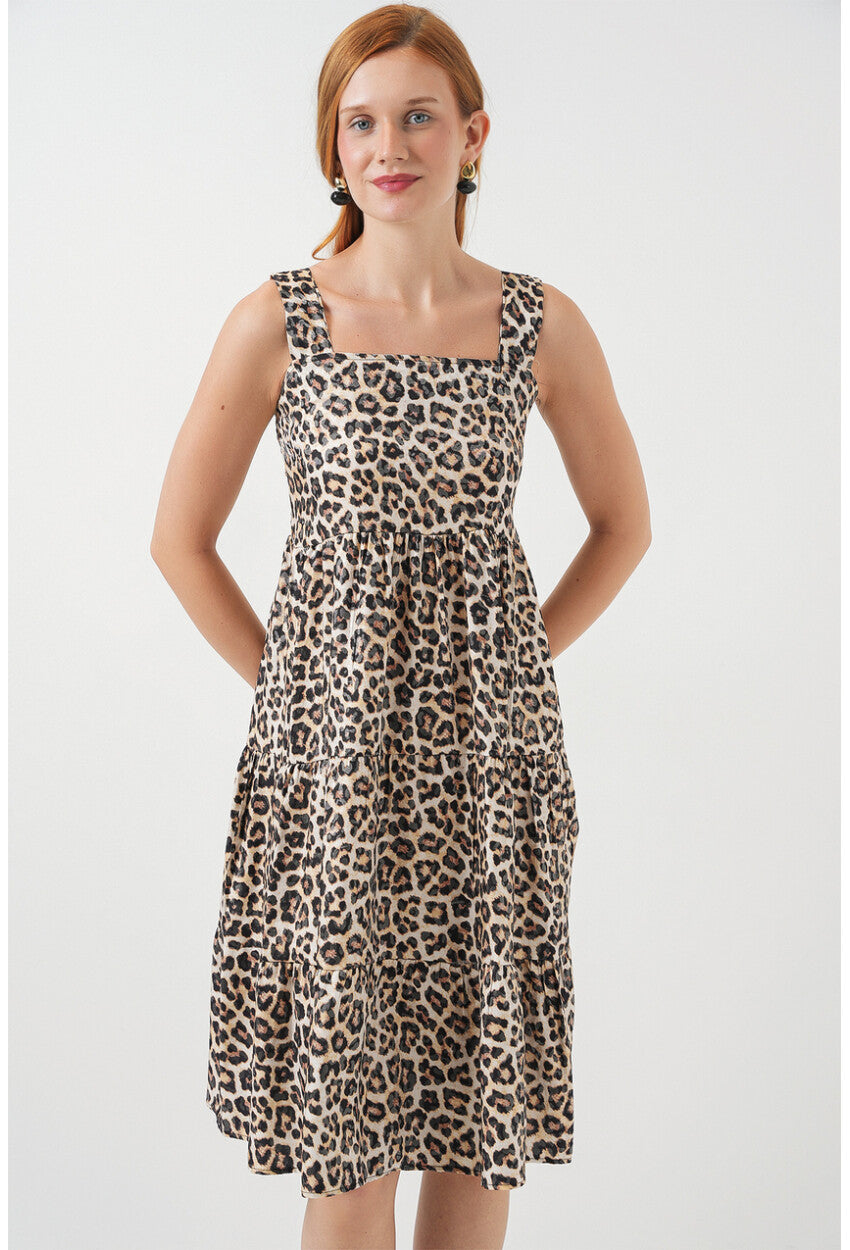 Kadın Desenli Askılı Midi Elbise 2577