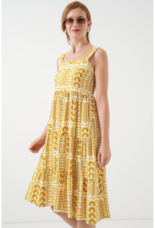 Kadın Desenli Askılı Midi Elbise 2577