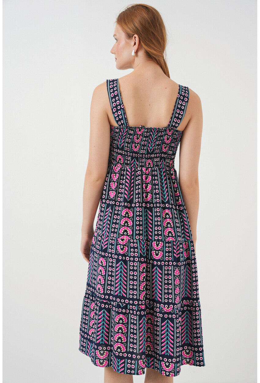 Kadın Desenli Askılı Midi Elbise 2577