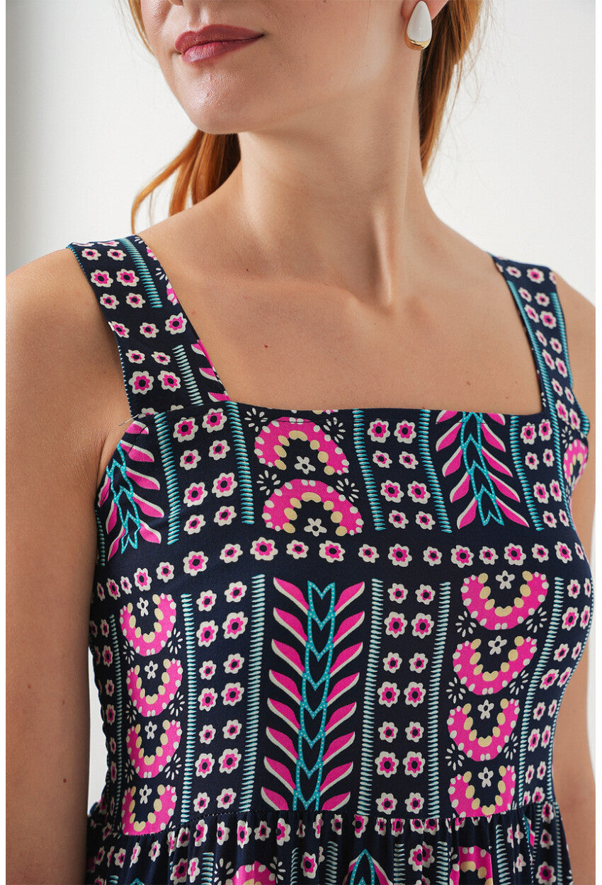 Kadın Desenli Askılı Midi Elbise 2577