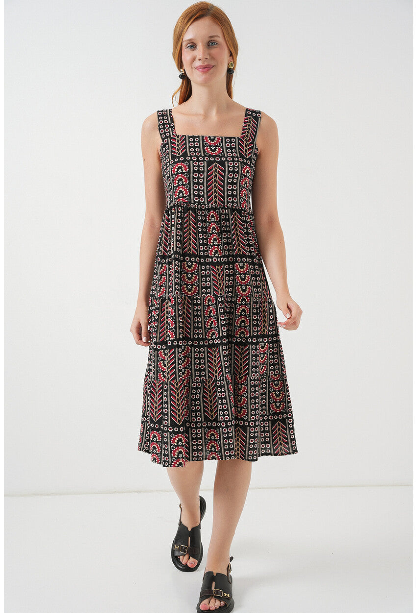 Kadın Desenli Askılı Midi Elbise 2577