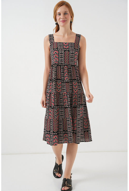 Kadın Desenli Askılı Midi Elbise 2577