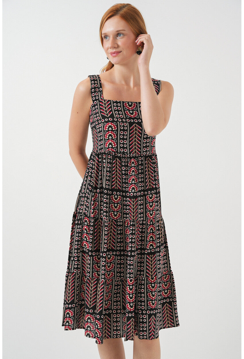 Kadın Desenli Askılı Midi Elbise 2577