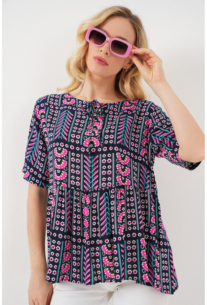 Kadın Desenli Kısa Kol Bluz 969