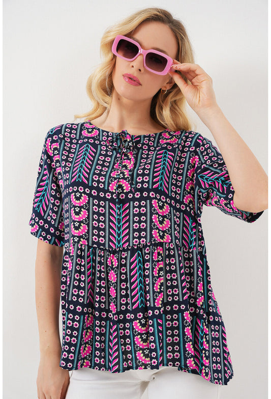 Kadın Desenli Kısa Kol Bluz 969