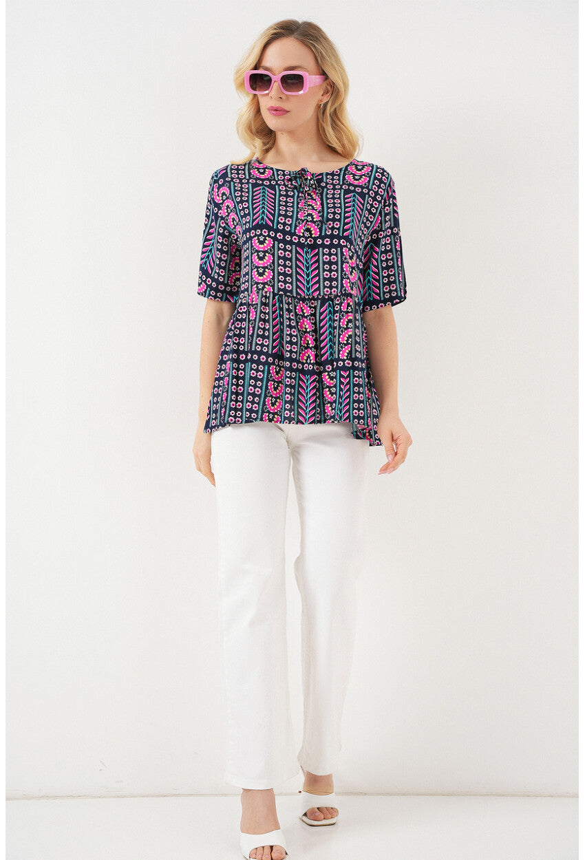 Kadın Desenli Kısa Kol Bluz 969