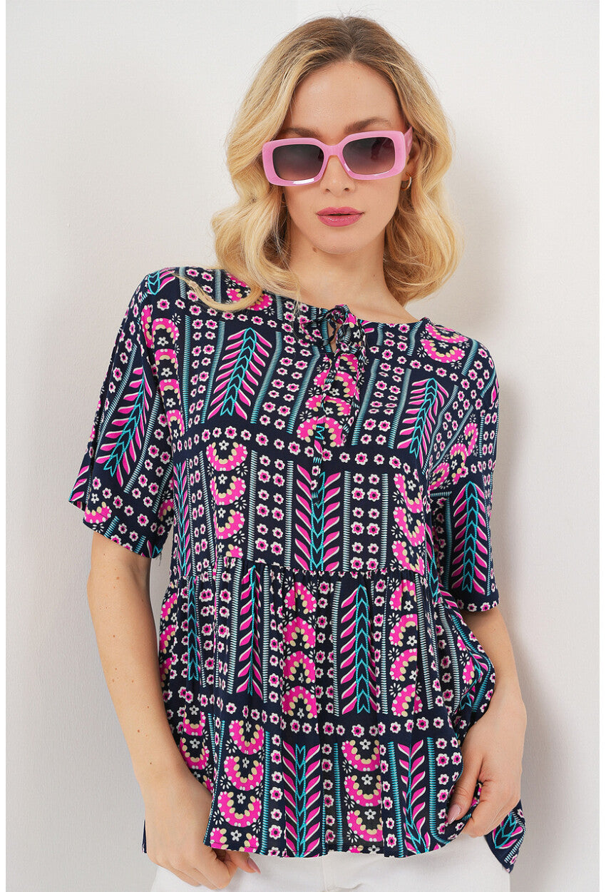 Kadın Desenli Kısa Kol Bluz 969