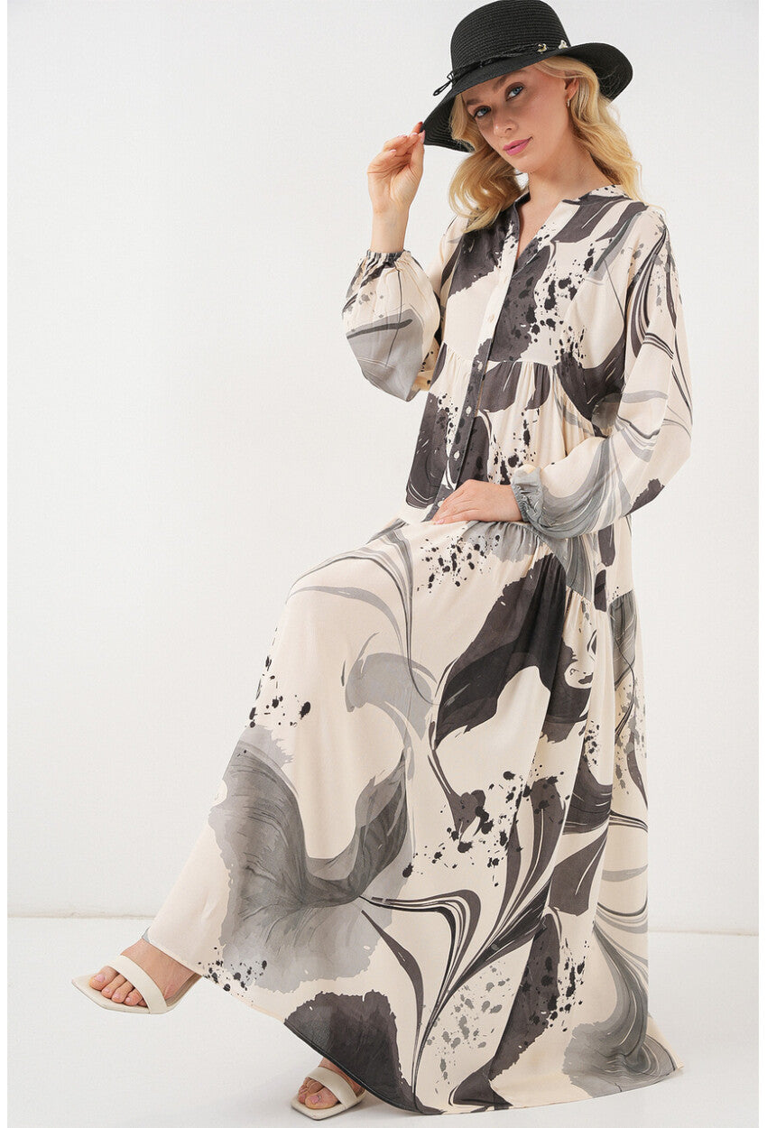 Kadın Desenli Uzun Tesettür Elbise 2585