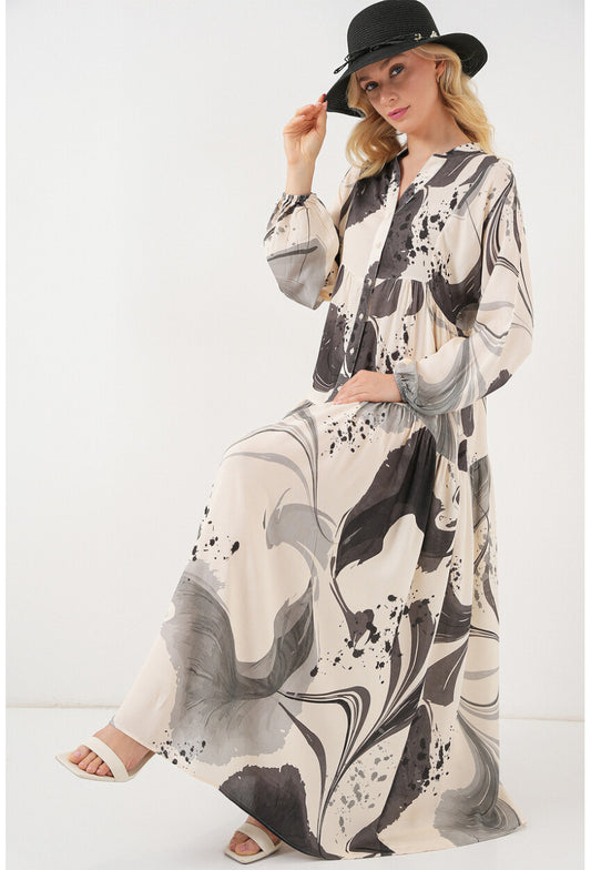 Kadın Desenli Uzun Tesettür Elbise 2585