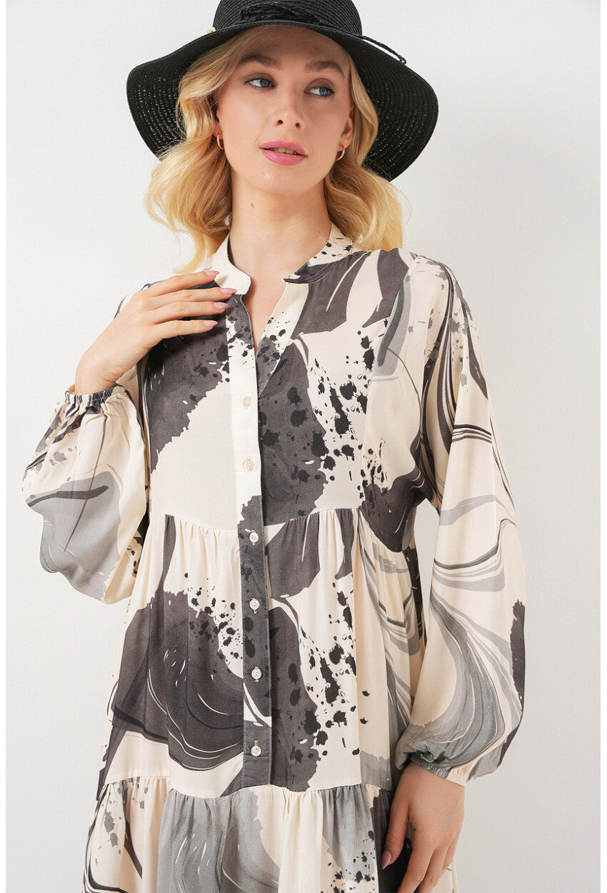 Kadın Desenli Uzun Tesettür Elbise 2585