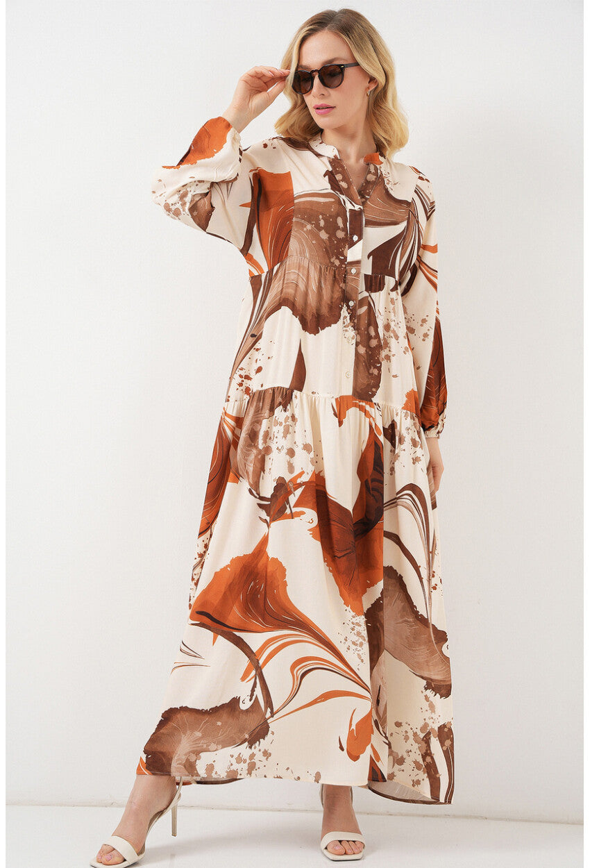 Kadın Desenli Uzun Tesettür Elbise 2585