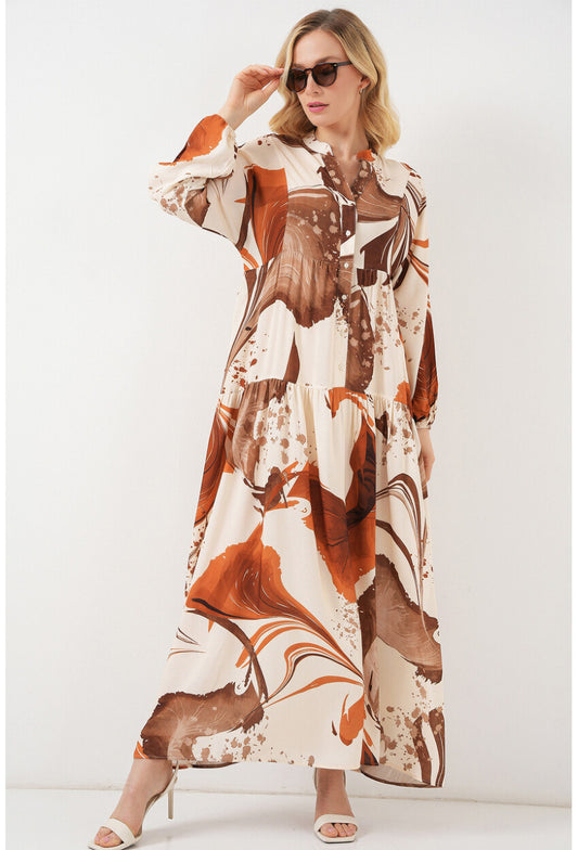 Kadın Desenli Uzun Tesettür Elbise 2585