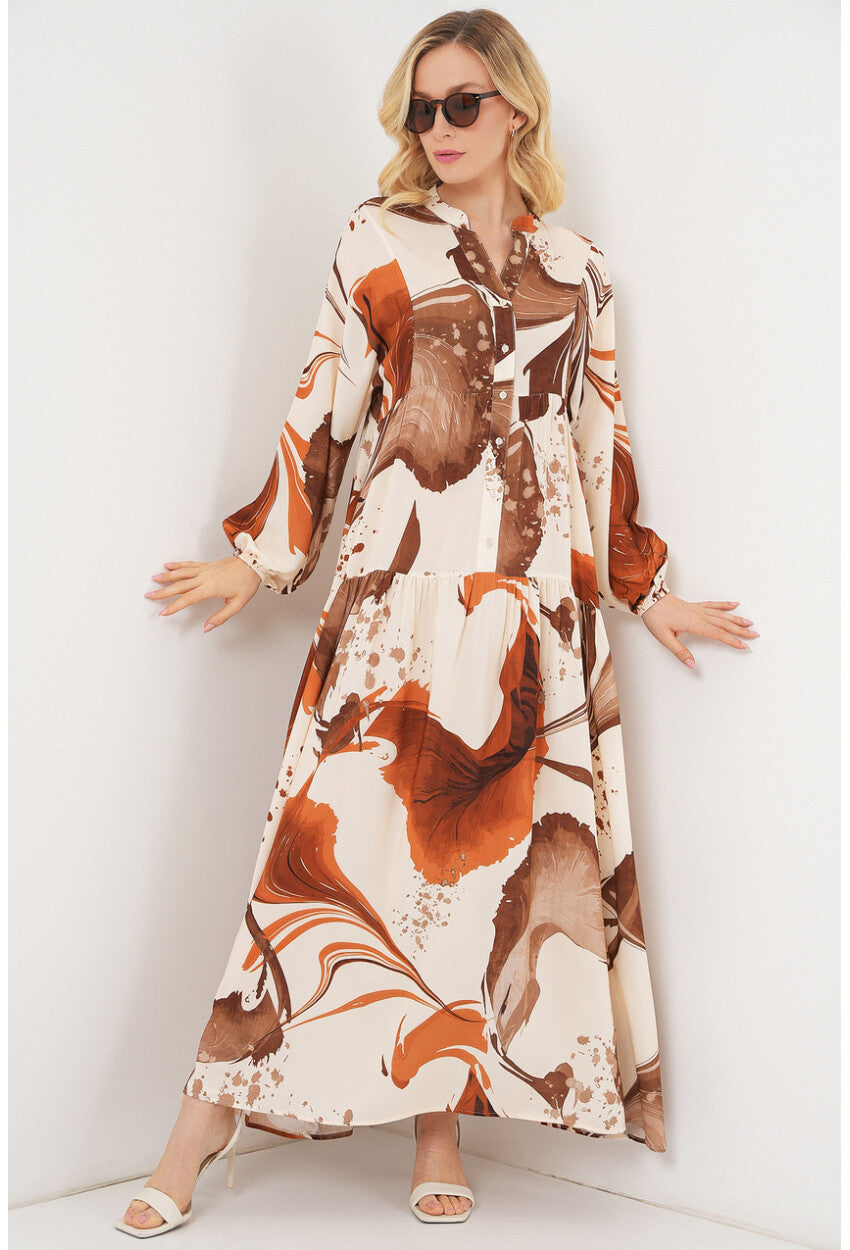 Kadın Desenli Uzun Tesettür Elbise 2585