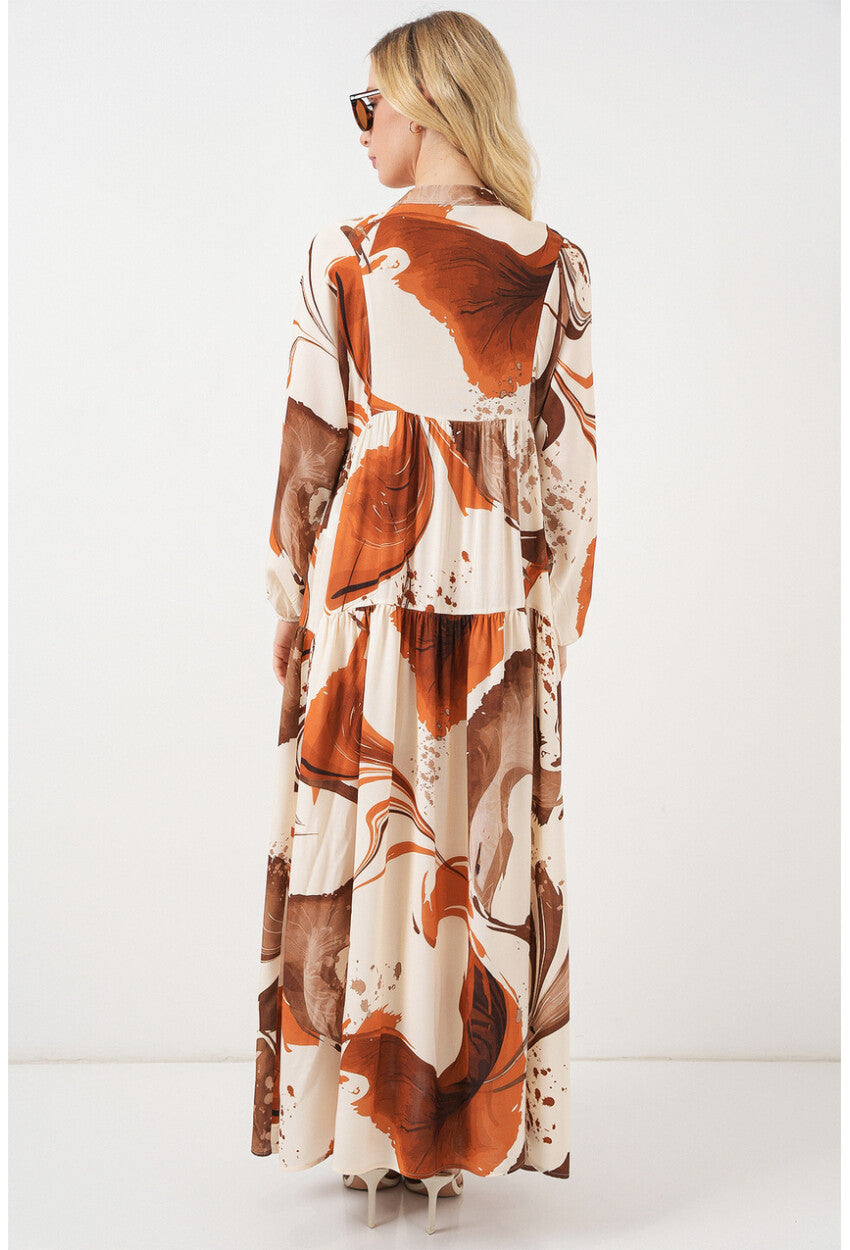 Kadın Desenli Uzun Tesettür Elbise 2585