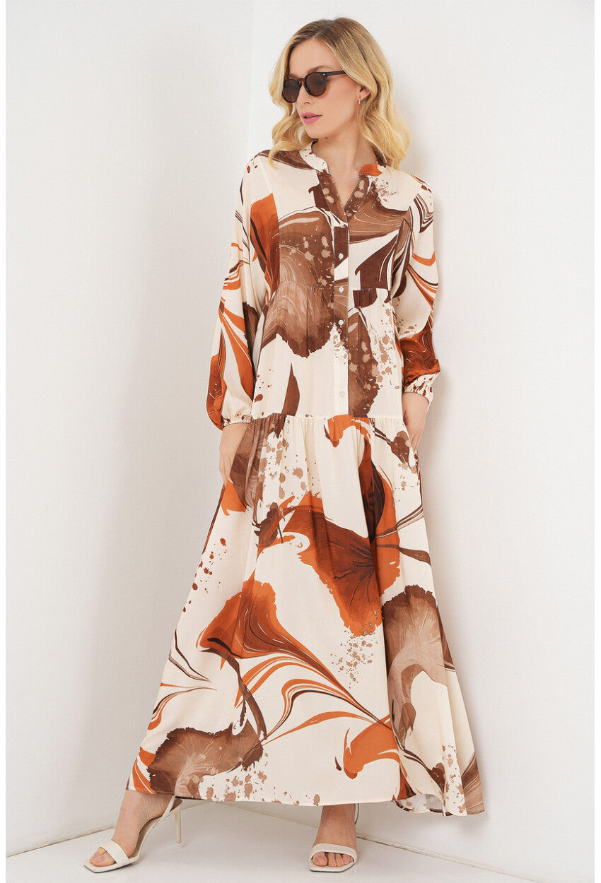 Kadın Desenli Uzun Tesettür Elbise 2585