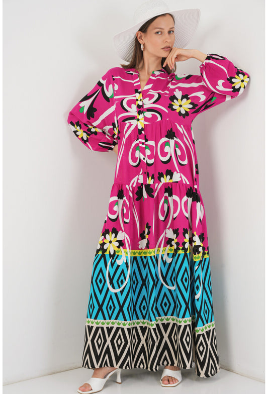 Kadın Desenli Uzun Tesettür Elbise 2585