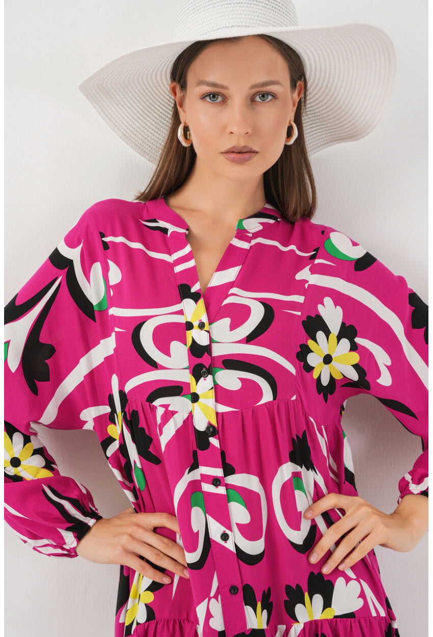 Kadın Desenli Uzun Tesettür Elbise 2585