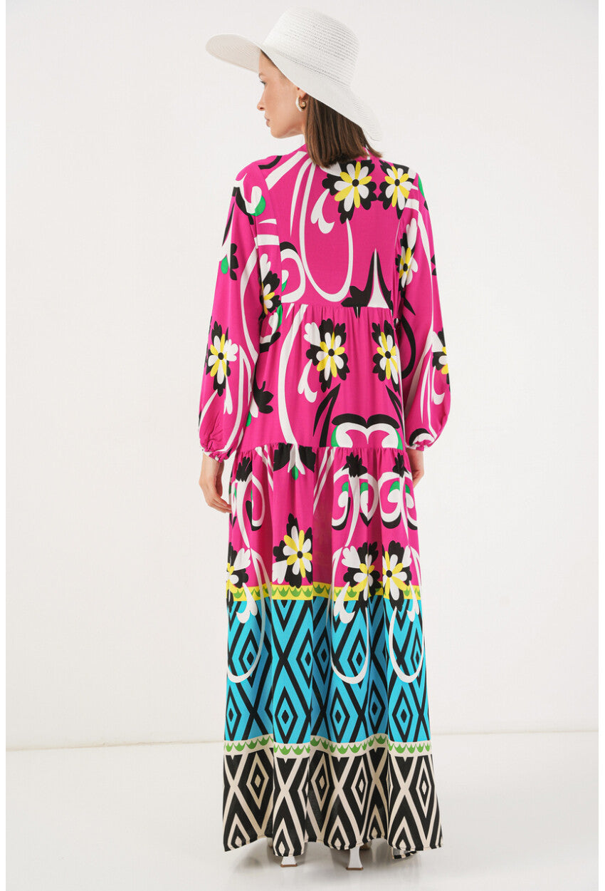 Kadın Desenli Uzun Tesettür Elbise 2585