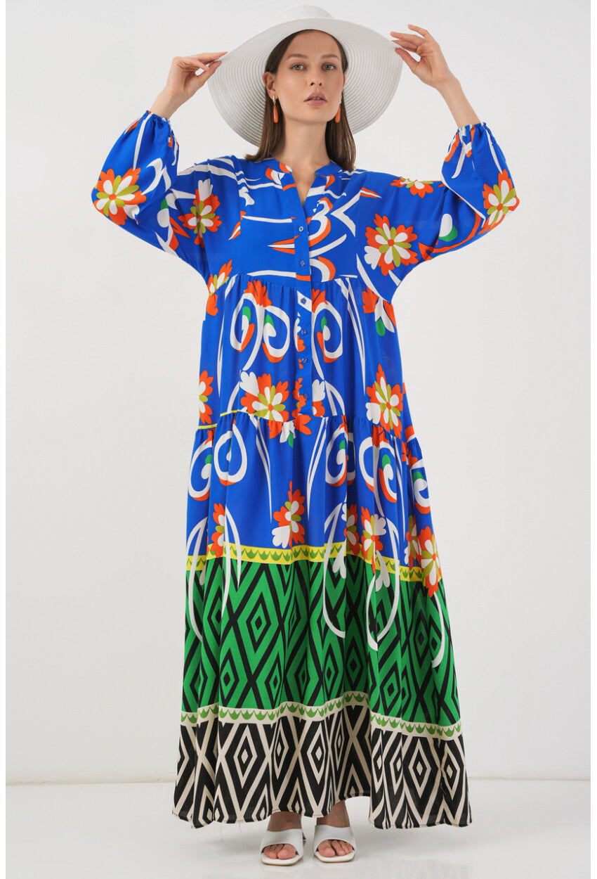 Kadın Desenli Uzun Tesettür Elbise 2585