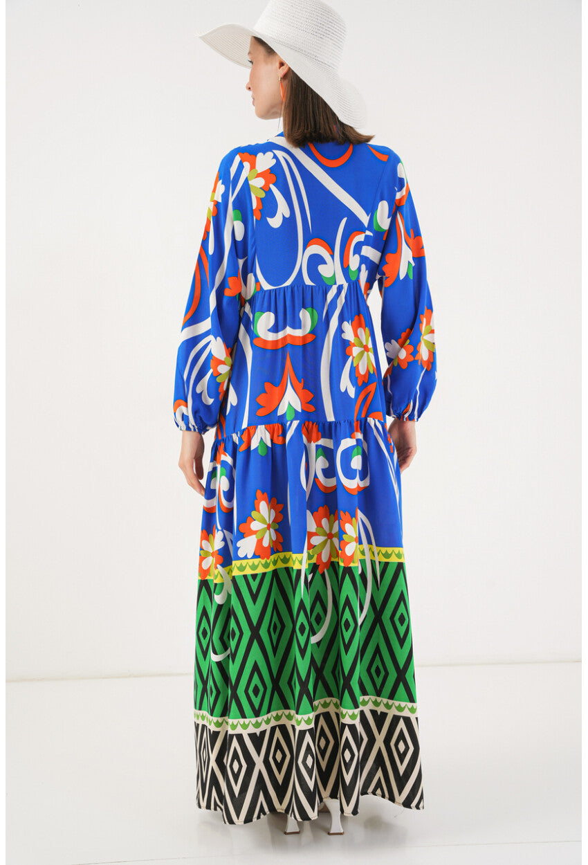 Kadın Desenli Uzun Tesettür Elbise 2585