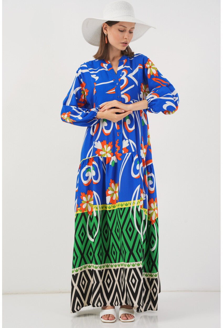 Kadın Desenli Uzun Tesettür Elbise 2585