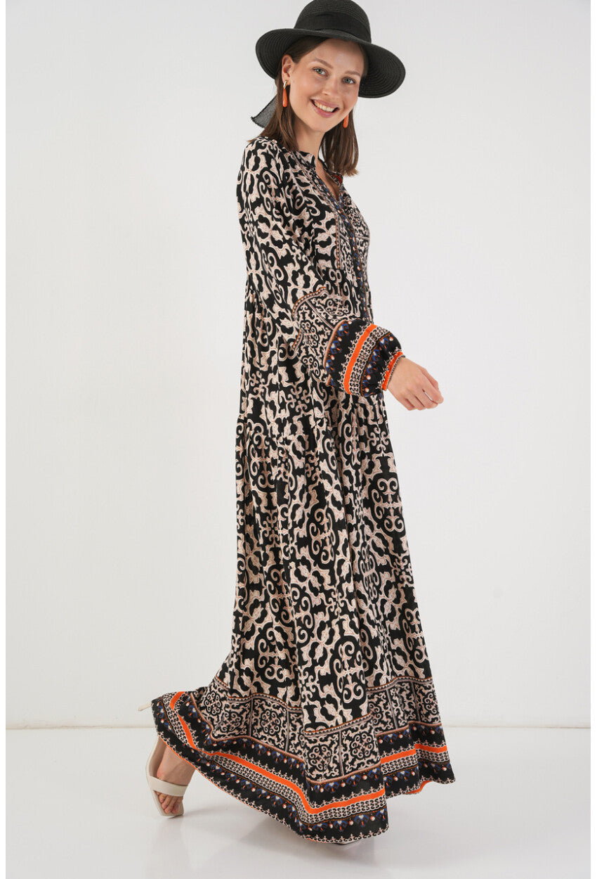Kadın Desenli Uzun Tesettür Elbise 2585