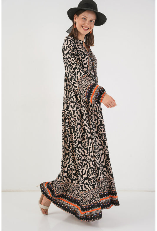 Kadın Desenli Uzun Tesettür Elbise 2585