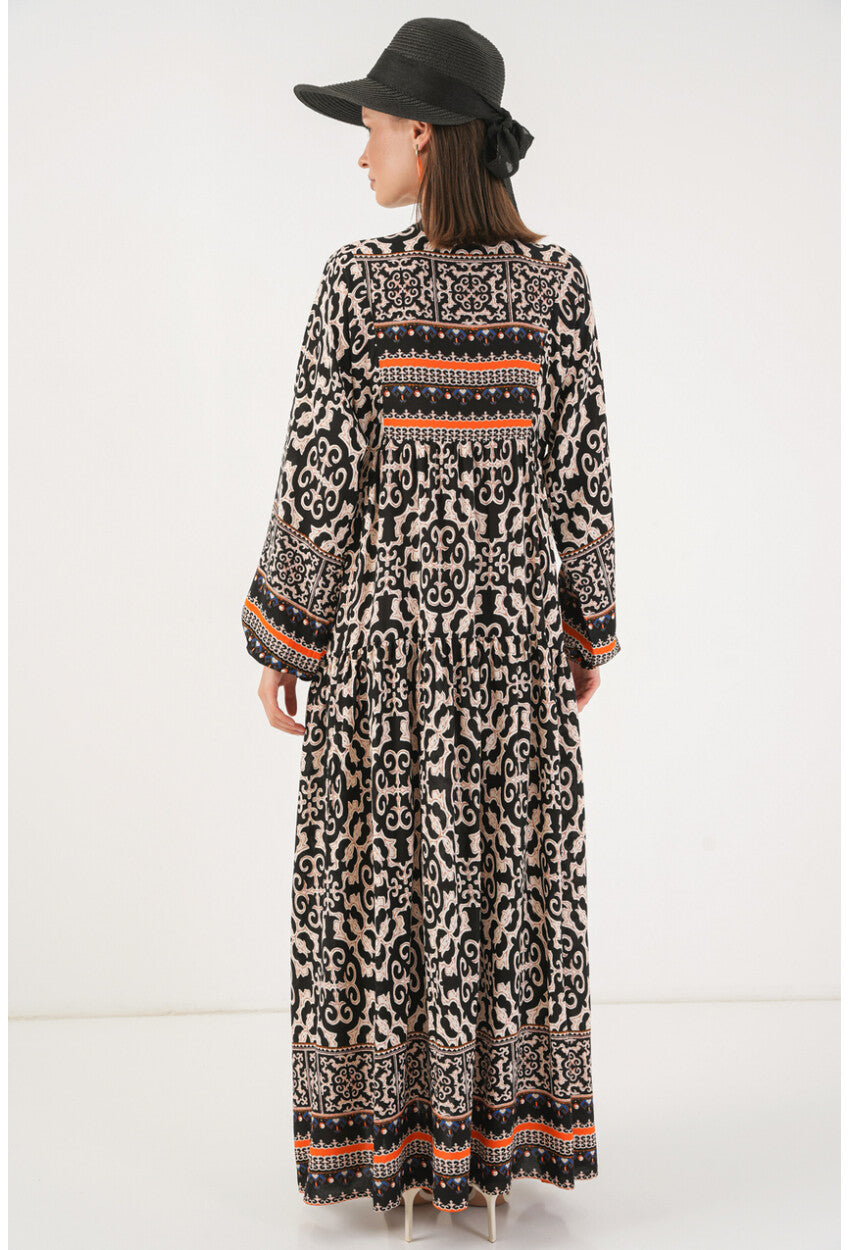 Kadın Desenli Uzun Tesettür Elbise 2585