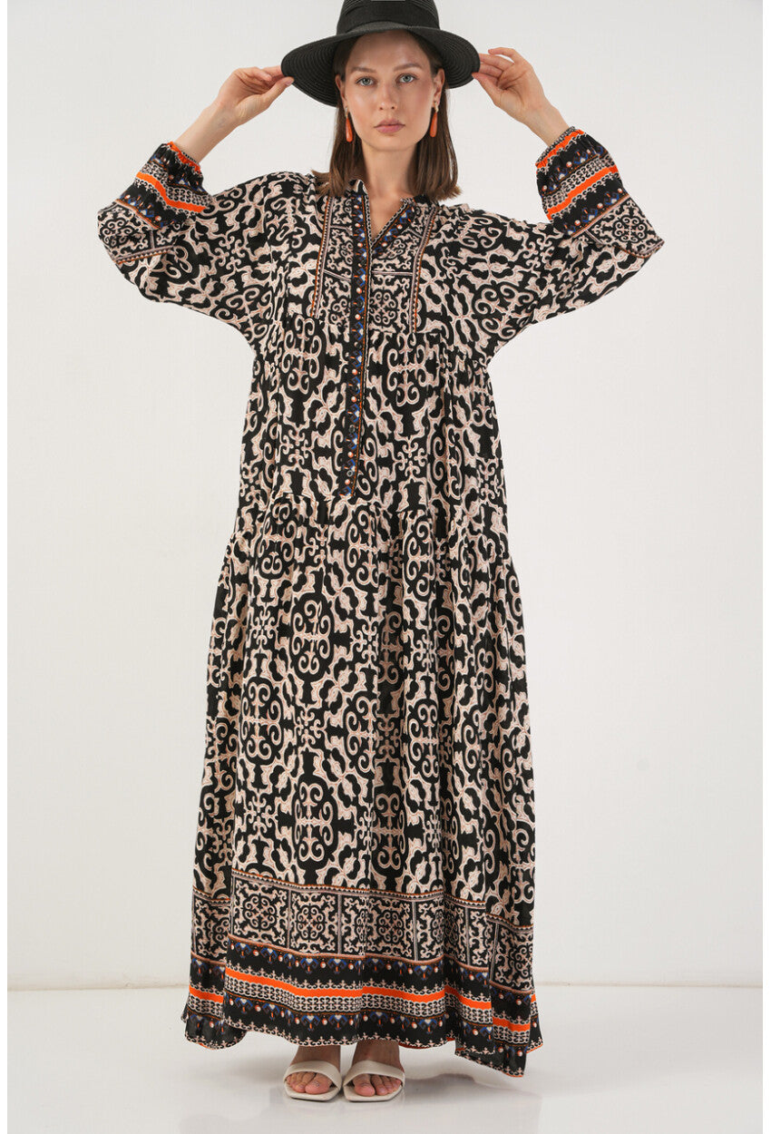 Kadın Desenli Uzun Tesettür Elbise 2585