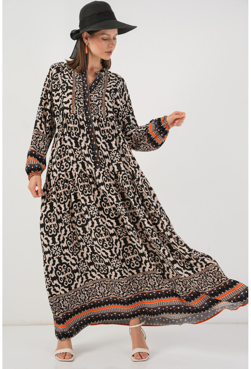 Kadın Desenli Uzun Tesettür Elbise 2585