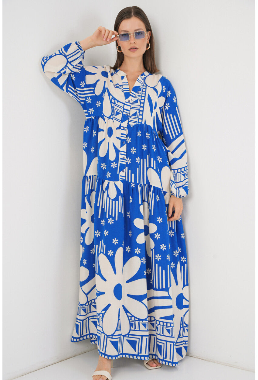 Kadın Desenli Uzun Tesettür Elbise 2585