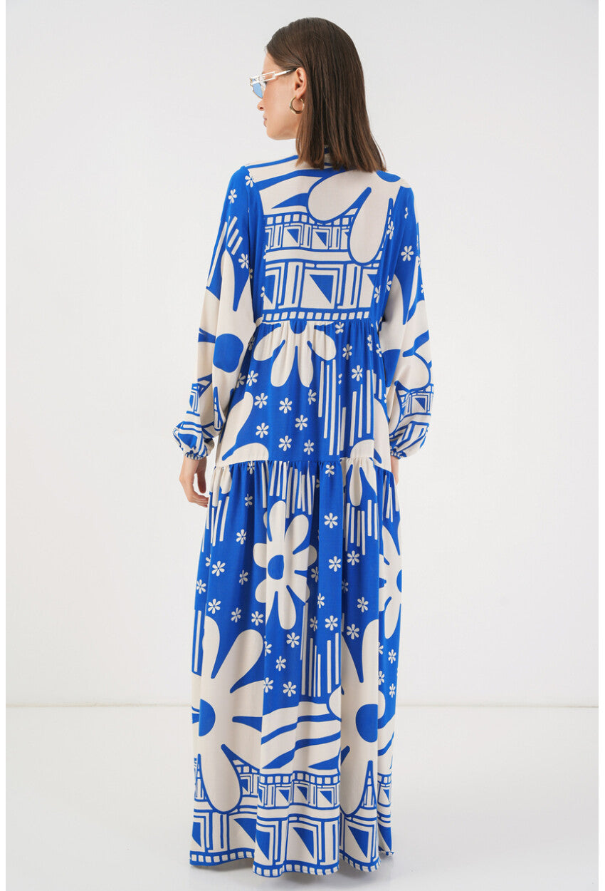 Kadın Desenli Uzun Tesettür Elbise 2585