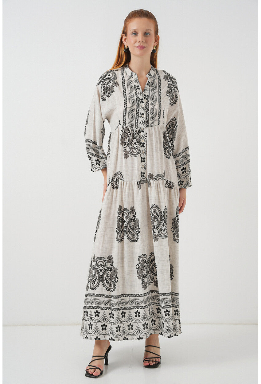 Kadın Desenli Uzun Tesettür Elbise 2585