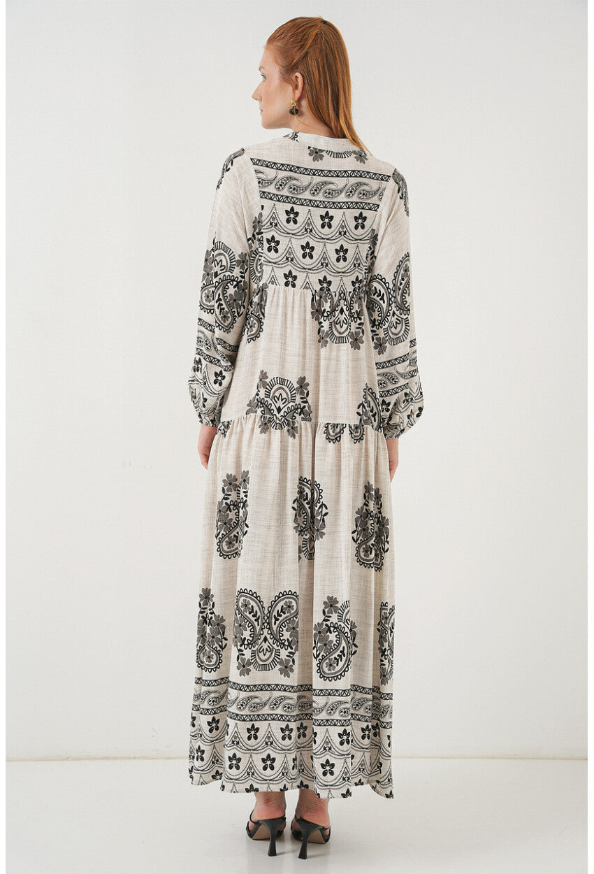 Kadın Desenli Uzun Tesettür Elbise 2585