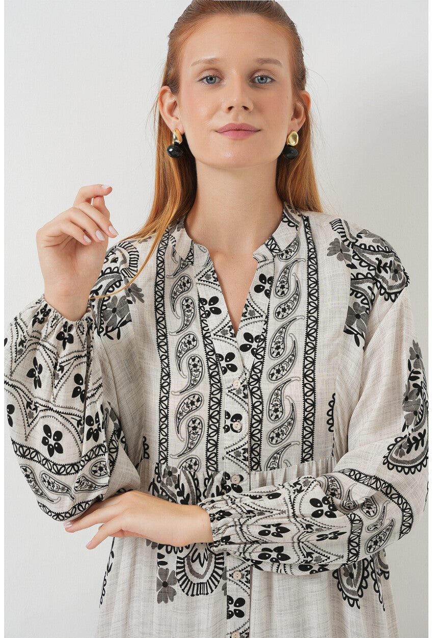 Kadın Desenli Uzun Tesettür Elbise 2585