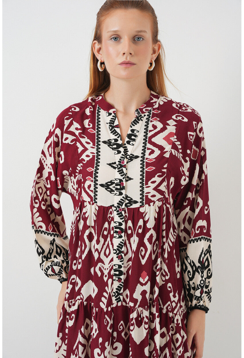 Kadın Desenli Uzun Tesettür Elbise 2585