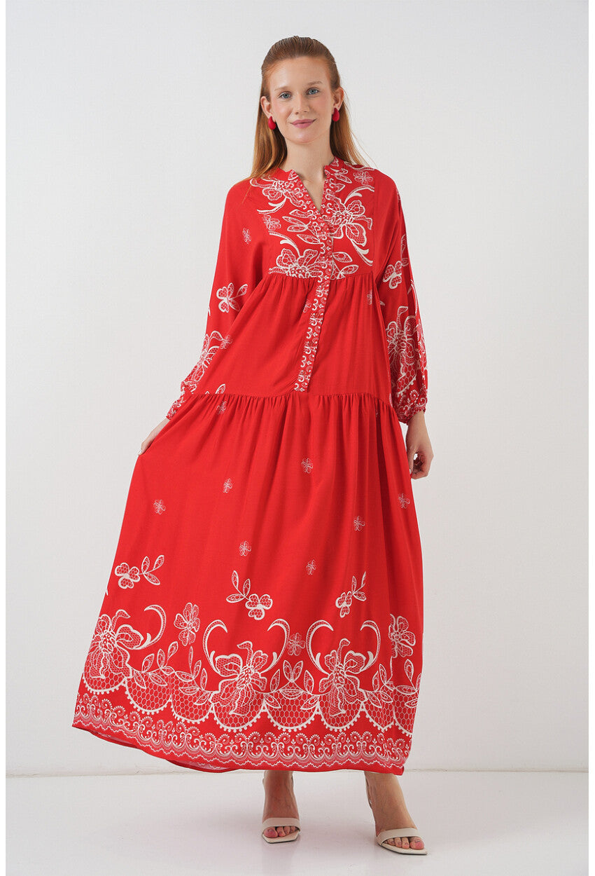 Kadın Desenli Uzun Tesettür Elbise 2585