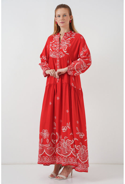 Kadın Desenli Uzun Tesettür Elbise 2585