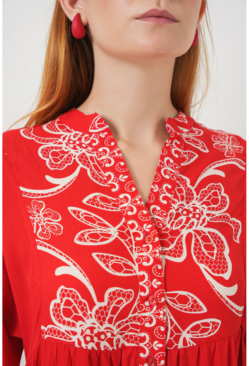 Kadın Desenli Uzun Tesettür Elbise 2585