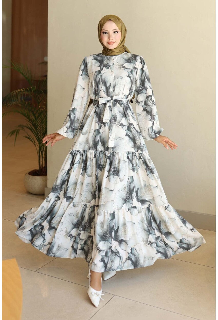 Kadın Desenli Uzun Tesettür Elbise 2586