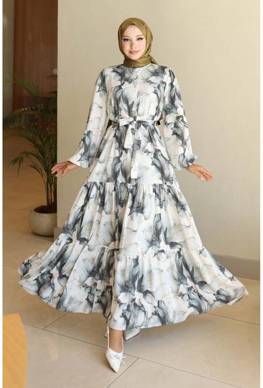 Kadın Desenli Uzun Tesettür Elbise 2586