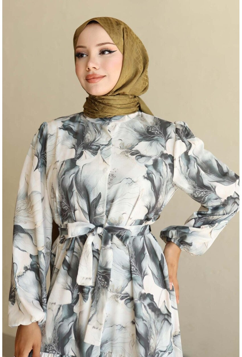 Kadın Desenli Uzun Tesettür Elbise 2586