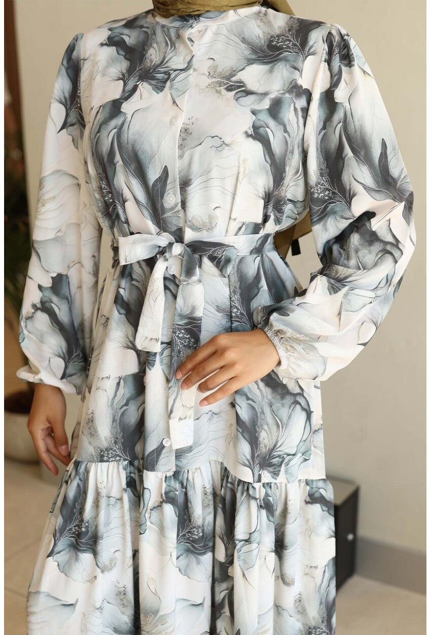 Kadın Desenli Uzun Tesettür Elbise 2586